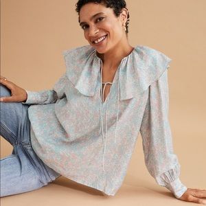 Turquoise and pink long sleeved flounced collar blouse